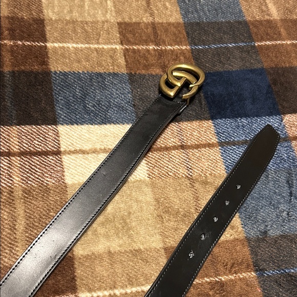 Black Leather Belt with Gold Buckle - Picture 1 of 7